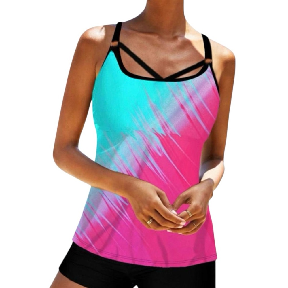 Pink and Turquoise Strappy Tankini top size Large